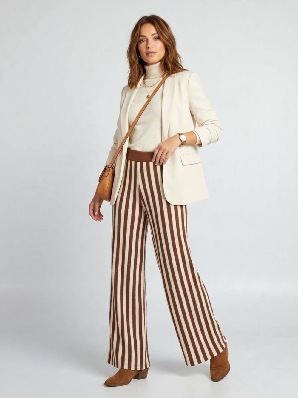 Zara Striped Knit Wide Leg Pants Brown Beige Elastic Waist Lounge Pants Sz Small